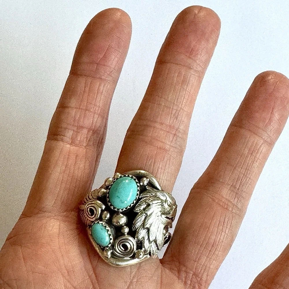 Navajo Eagle Turquoise Mens Ring Sz 12 Sterling Signed‎ DM Native American USA